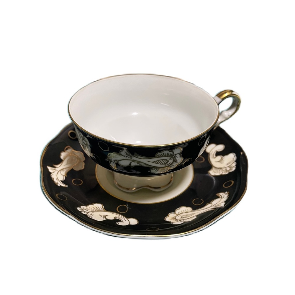 Vtg Aristocrat Japan Castle Hand Painted Footed Teacup Saucer Cloud Smoke Gold